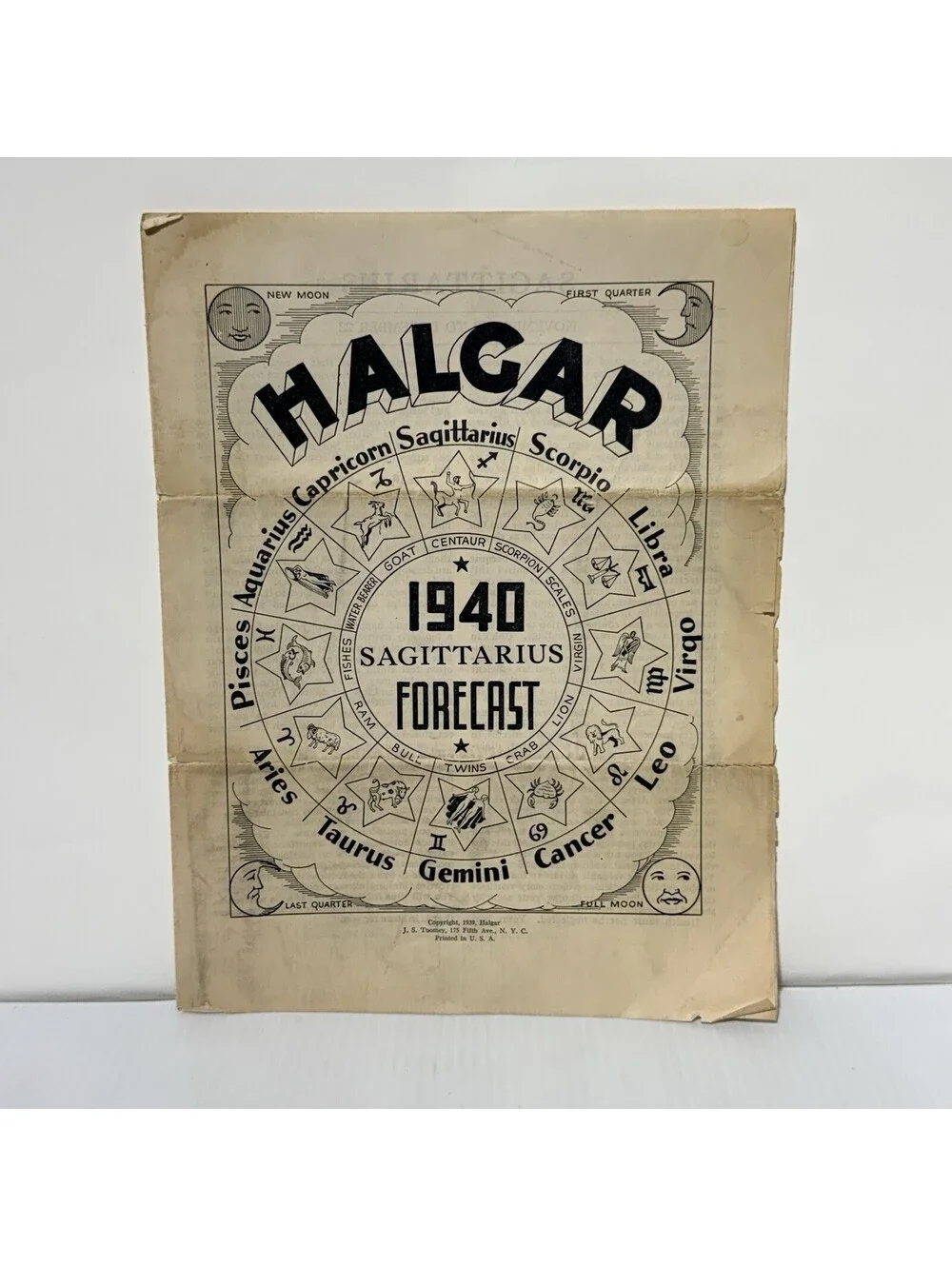 Vintage 1940 Halgar Sagittarius Forecast Horoscope Astrology Mail Order Paper